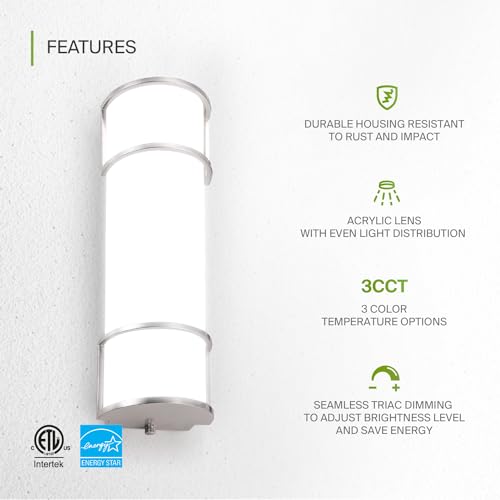 Image of ASD LED 18 inch Vanity Flush Mount Light Fixture, Linear Bathroom Lighting Bar | 3CCT, Dimmable, Energy Star, ETL Listed | 20W 1650LM 3000-5000K 120V | Long Bath Wall Sconce Over Mirror | Nickel, 4 Pack