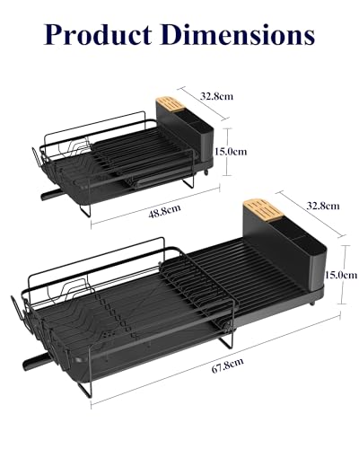 Image of Kitsure Extendable Dish Drying Rack, 19.2 inch-26.7 inch L x 12.9 inch W, Black | Large Dish Rack, Multifunctional Dish Rack for Kitchen Counter, Anti-Rust Dish Drainers with Cutlery & Cup Holders