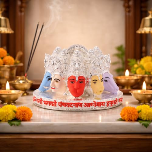 Image of Gold Art India Panchmukhi Hanuman Idol Silver Plated Multicolor Bust Design Decorative Murti for Home Temple, Car Dashboard, Office & Vastu Decor