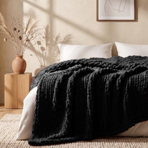 Image of L'AGRATY Chunky Knit Throw Blanket for Couch, 50'' x 70'' Knit Throw, Black