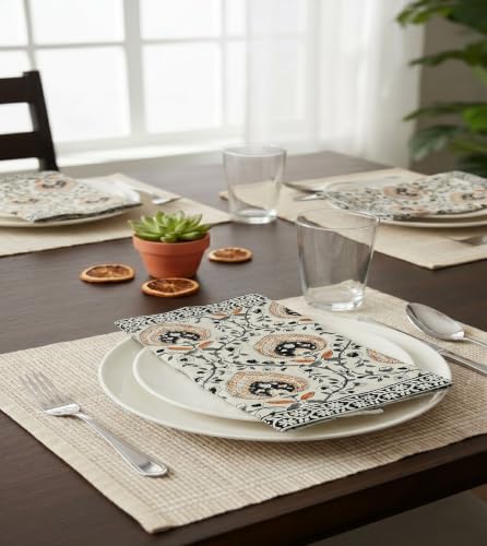 Image of BLOCKS OF INDIA Hand Block Print Cotton Table Napkin Set of 6 (Brown JAAL)