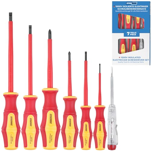Effektwerk - Juego de destornilladores para electricistas de 7 piezas - 4 ranurados, 2 destornilladores Phillips con probador de voltaje - 1000V aislados y probados VDE con puntas magnéticas