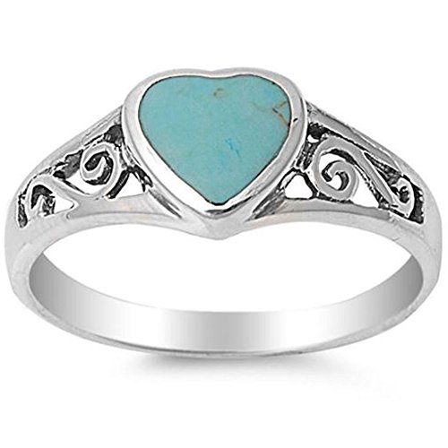 DoubleAccent Sterling Silver Simulated Turquoise Filigree Design Heart Promise Ring 8mm (Size 5 to 10)