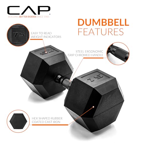 Image of CAP Rubber Coated Dumbbell Weights, Free Weights for Home Gym Strength Training, Anti-Roll Hex Dumbbells with Black, Chrome & Comfort Grip Handles, Singles