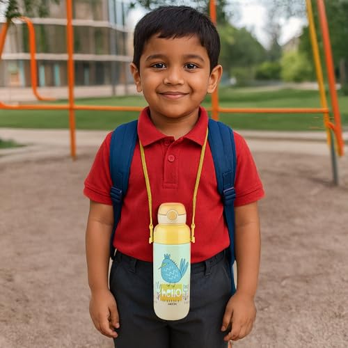 Image of Milton Steel Indus 600 Thermoware PU Insulated, 500 ml Water Bottle with Straw for Kids, Leak Proof Flip Top Sipper Lid Bottle, School, Picnic, Easy to Carry Belt, Cream