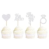 Ercadio 48 Pack He Asked She Said Yes Cupcake Toppers Glitter Heart Ring Cupcake Picks Decorations for Wedding Engagement Bridal Shower Party Supplies Silver