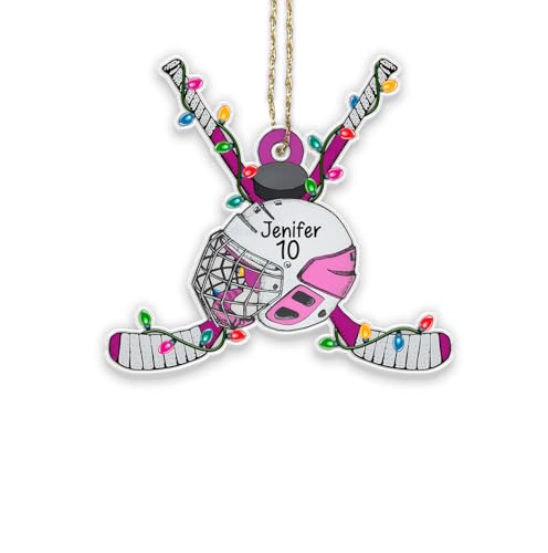 Ice Hockey Girl Pink Hockey Ornaments Helmet Stick for Hockey Lovers Player Ornaments Team Gift, Player Name, Number Christmas Tree Ornament - Sports Ornament for Athlete, Coach