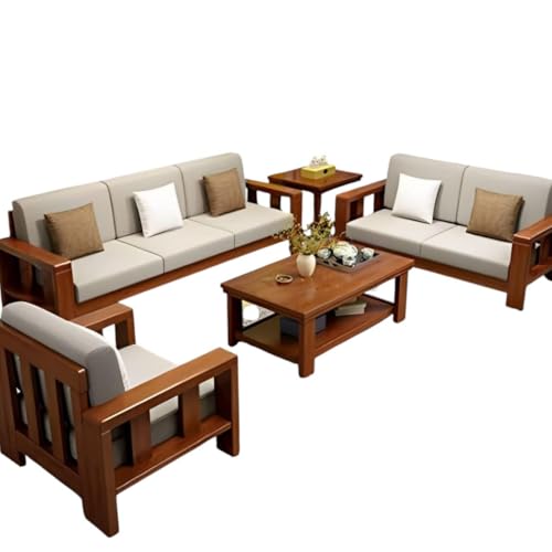 Image of MISAN Wooden Living Room Sofa Set | 6 Seater Sofa Set | Solid Sheesham Wood Sofa Set for Living Room (3+2+1 Brown,Natural Teak Finish)