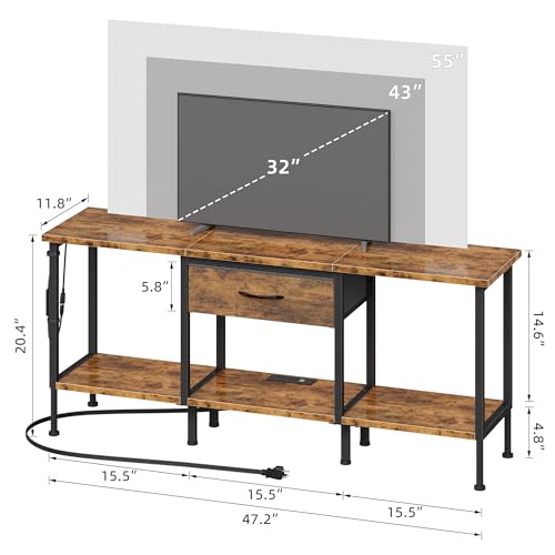Image of GYIIYUO 47 inch TV Stand for 55 /50 /45 Inch TVs, Rustic Brown | Power Outlet, LED Light, Fabric Drawers, Open Storage, Industrial Style, Living Room & Bedroom