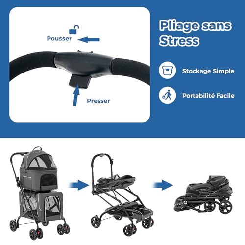 Poussette 3 en 1 pliable à 2 niveaux pour chiens et chats gris - 7