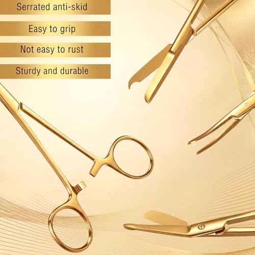 Image of BBTO Hemostat Curved and Straight Hemostat Forceps Piercing Pliers Forceps, Stainless Steel Straight and Curved Pliers, Fishing Tweezer(Gold,4 Pcs)