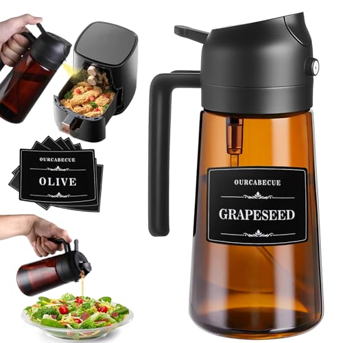 Image of Olive Oil Sprayer & Dispenser Bottle for Cooking 16oz Dark Glass Oil Mister | 2-in-1 Oil Sprayer & Pourer, Fine mist, Light-Blocking, Wide Mouth for Easy Refill & Clean, 8 Oil Labels, Reusable