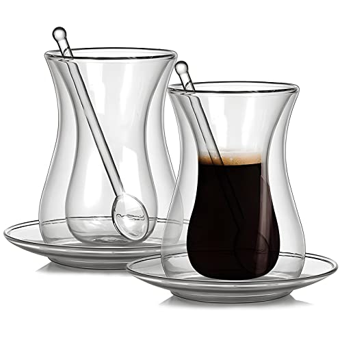 YY Premium Double Wall Turkish Coffee Glasses and Saucers with Mixing Spoons, Turkish Tea Cup Set of 2, 150ml, Perfect for Party, Gifts, Housewarming, Weddings, Aniversary