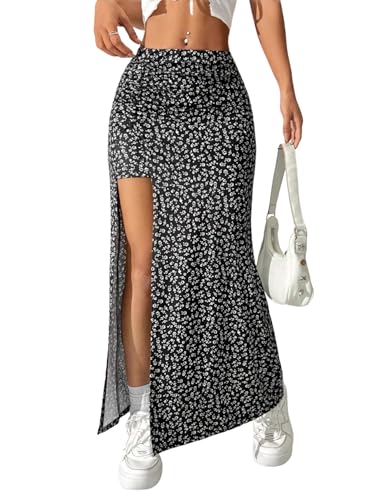 EARKOHA 2025 Skirts for Women Women's Ditsy Floral Full-Print Slit Skirt, Casual Holiday Wear Black and White XS