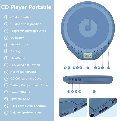 Image of Portable CD Player for Car: Kegaudio with Earphones Anti-Skip LCD Display Personal Disman Disc Player for Car & Sports Supports MP3 WMA PROG & Memory Function