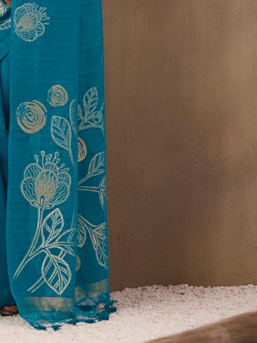 Image of AKHILAM Women's Kanjivaram Pure Silk Floral Printed Saree With Unstitched Blouse Piece