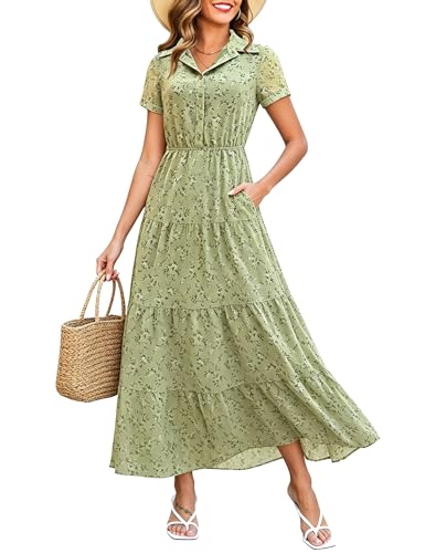 Kranda Women 2025 Summer Fall Collared V Neck Short Sleeve Button Down Chiffon Long Tiered Floral Maxi Dress with Pockets
