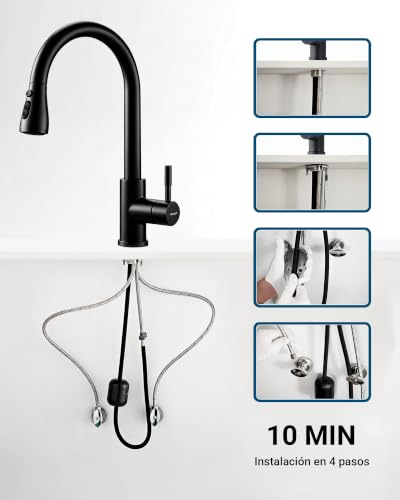 Miniatura 6 de Ibergrif M22136b Grifo Cocina Extraible, Mezclador De Fregadero Con 3 Modos, Rotación De 360 Grados, Cold Start, Ahorro De Energía, Latón, Negro