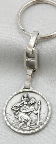 Porte-clés Saint Christophe – porte-bonheur avec GRAVURE BELLE VOYAGE – saint patron pour EN ROUTE & VOYAGES – pendentif religieux 7 cm – cadeau pour CONDUITE AUTOMOBILE de MaMeMi