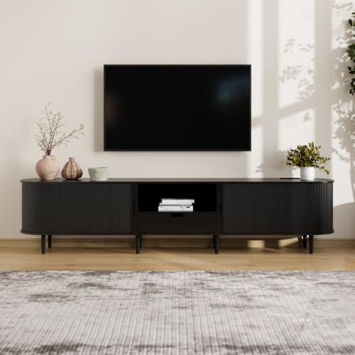 Image of DHH 95.2 inch Fluted TV Stand with Power Outlet for TVs up to 100 inch, TV Console with Adjustable Shelves and Sliding Door,Mid Century Modern Entertainment Center for Living Room,Bedroom (Black)