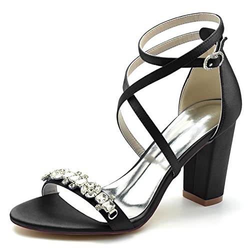 Ankle Strap Chunky Heels Dress Shoes for Women 3.34 Inch Cross Strappy Wedding Heels for Prom Party Bridal Pump Shoes with Rhinestones