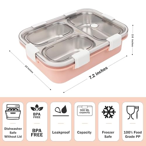 Image of 3 Compartment Stainless Steel Lunch Box with Removable Inner Plate for Kids and Adults, Microwave Freezer Safe Leak-Proof Lunch Box for School & Office use(750ml)