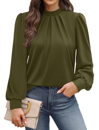 Image of WIHOLL Long Sleeve Shirts for Women Mock Neck Tops Pleated Front Blouses Dressy Casual Spring Fall Clothes 2026 Fashion