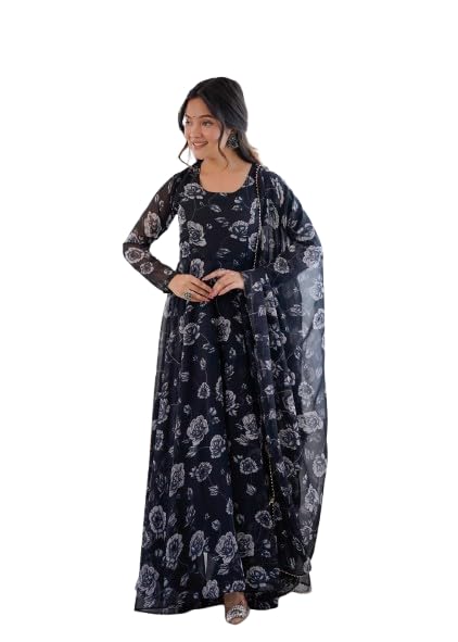 Elegant Black Grey Floral Printed Anarkali Gown with Sheer Dupatta Flowy Ethnic Maxi Dress for Women | Full Sleeve Festive, Evening Special Occasions-image-34