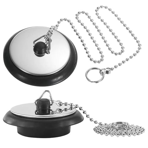 2 tapones de desagüe, tapón de lavabo de goma con cadena de 40 cm, diámetro de 40 – 45 mm, tapón para bañera, color negro
