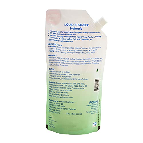 Image of Pigeon Liquid Cleanser Naturals Refill 500 ml | pH Friendly | No Added Color & Alcohol | Natural Cleanser for Baby Feeding Bottles, Accessories, Fruits & Vegetables (Pack of 2)
