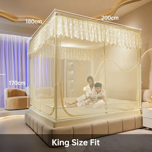 Image of Dawnwake Mosquito Net, Anti-Fall Mosquito Neting Bed for Babies /Adult /Outdoor,Portable Foldable Travel /Camping Mosquito Net Tent, Suit for King Size Bed (Yellow, 200 * 180cm)