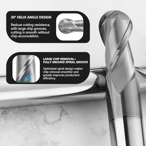 Image of 3PCS 3 /8 inch Solid Carbide Ball Nose End Mill Set - 2 Flute AlTiN Coated Milling Bits Sets for Milling Alloy Steels, Hardened Steel, Metal