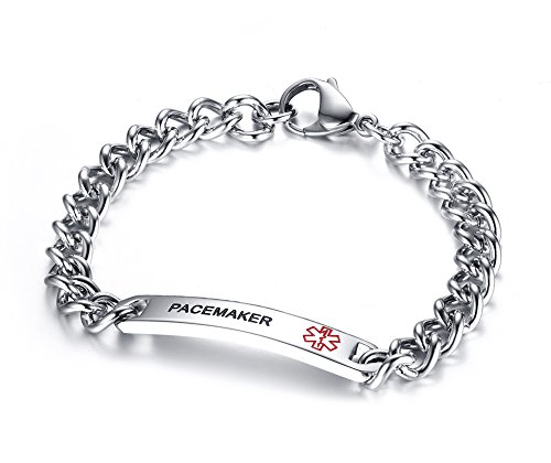 Mealguet Jewelry PACEMAKER- 8mm Surgical Steel Medical Alert ID Idenfication Chain Bracelets, Black Deep Engraving