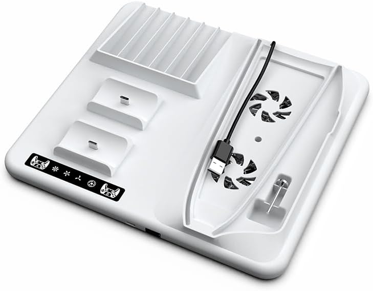 Cooling Dock with Dual Controller Charging Stand for PS5 Slim Console, Disk Organizer Handle Charger with 2 Headphone Hanger Hooks