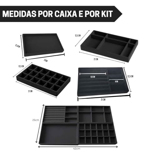 Kit 4 Porta Joias e Bijuterias em Veludo para Organizacao com Divisorias Super Pratico Cor:Preto