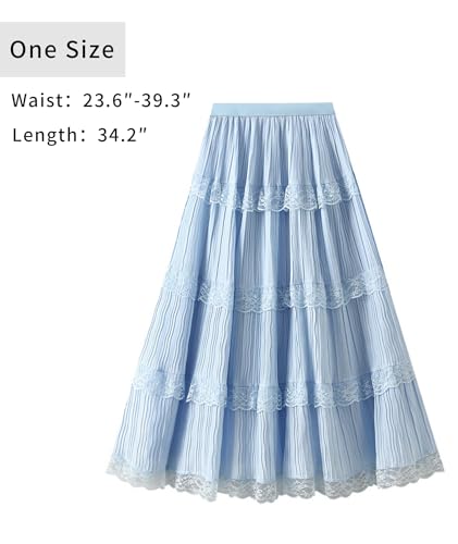 Womens Elastic High Waisted A Line Midi Skirt Trendy Layered Lace Pleated Cute Skirts2