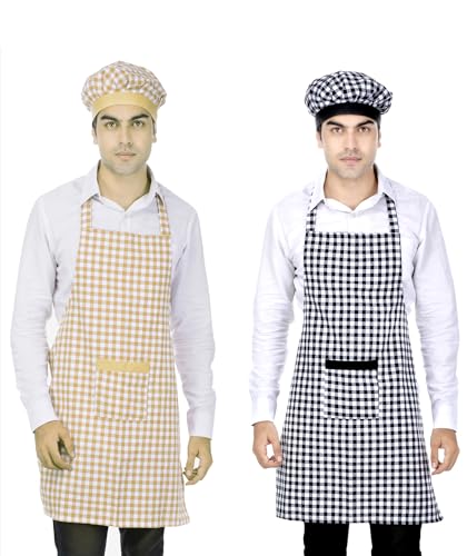 Image of Switchon Checkered Cotton Kitchen Cooking Apron with Chef Hat - Pack of 2 | Multi-Purpose Chef & Waiter Apron for Men & Women | Home, Hotels, Restaurants & Cafes | Proudly Made in India