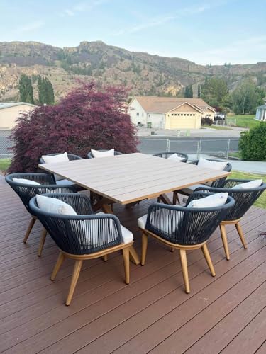 Image of PURPLE LEAF 9 Pieces Outdoor Metal Furniture Set Patio Conversation Sets Wood Pattern Dining Set, 1 Dining Table and 8 Modern Chairs with Cushions Seat