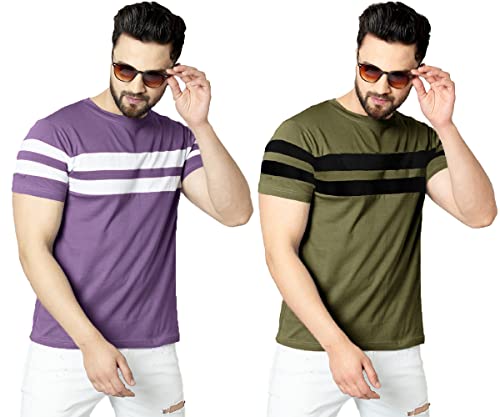 Image of RodZen Men's Cotton Regular Fit Striped T-Shirts (Pack of 2)