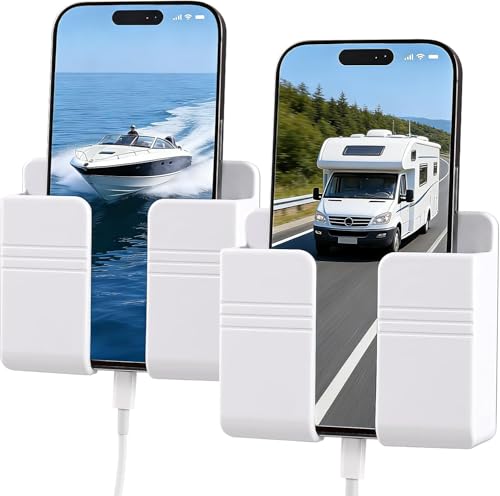 Image of Wall Mounted Mobile Holder with Charging Hole | Phone Stand Storage Case for Remote & Smartphone | Self Adhesive ABS Plastic Organizer for Bathroom, Kitchen, Bedroom | Pack of 4 (White)