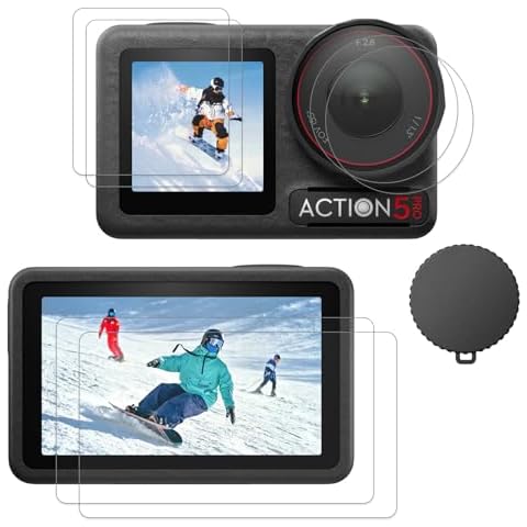 PCTC [6PCS Screen Protector for DJI Osmo Action 5 Pro Camera, 2 Pack Ultra lear Tempered Glass Screen protector+1pcs Rubber Lens Protective cover Accessories Kit, 0.3mm 9H Hardness Anti-Scrach Cover