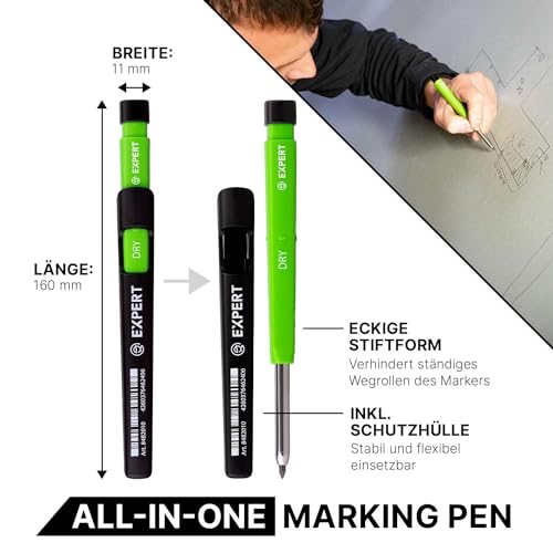 EXPERT DRY All-in-One Markierstifte inkl. Graphitmine | Nachfüllbarer Tieflochmarker mit Minenautomatik | Vielseitig auf Holz, Glas, Metall | Zimmermannsbleistift mit integriertem Spitzer