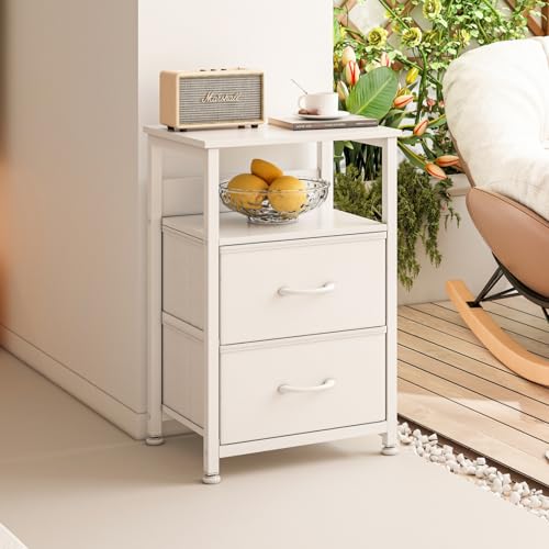 طاولة جانبية مكونة من 3 طبقات مع 2 درج من القماش ورف مفتوح من جوبيستري، طاولة بجانب السرير، طاولة جانبية للقهوة لغرفة المعيشة وغرفة النوم، مقاس 45 × 30 × 73 سم، (أبيض)