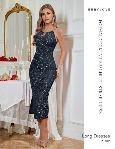 Image of BeryLove Sequin Homecoming Cocktail Formal Spaghetti Strap Dresses Wedding Guest Glitter Sparkly Party Prom Dress