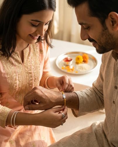 Image of Parnika 925 Pure 92.5 Sterling Silver Om Trishul Tripund Rakhi Bracelet for Brother | Hallmarked Silver Rakhi for Bhai & Bhaiya | Raksha Bandhan Gift with Roli Chawal | Premium Thread Rakhi