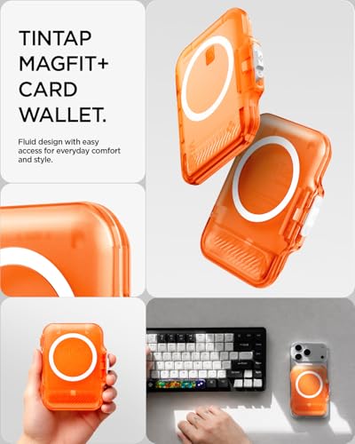 Image of Spigen Tintap (MagFit+) MagSafe Card Holder up to 6 Cards, Hard Shell Magnetic Wallet Case Compatible with iPhone 17 /16 /15 /14 /13 /12 Models, Pixel 10 Series - Frost Clear Orange