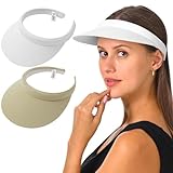 2 Pack Sun Visor Hats Womens Men Clip On Visors Adjustable Wide Brim Outdoor Golf Tennis Beach Sports Cap (White & Khaki)