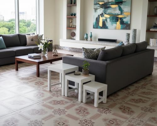 Image of Wooden Sheesham Wood Nesting Table Set of 3 Stools for Living Room | Side Table for Home & Kitchen | White Finish