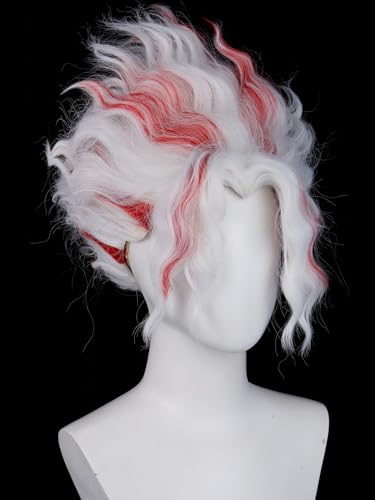 Image of O-karun Cosplay Wig for Men Short Curly White and Red Wave Wig White Costume Male Wigs for Unisex Halloween Party Women