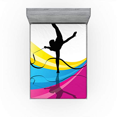 Ambesonne Gymnastics Fitted Sheet, Teenager Silhouette Ribbon Dancing on an Abstract Stripes Background, Bed Cover with All-Round Elastic Pocket for Comfort, California King, Pink Blue